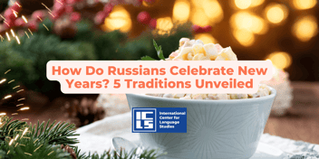 Russian New Year celebration with festive decorations and traditional foods