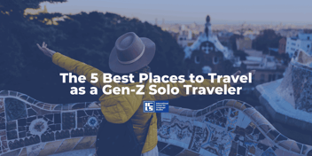 A solo traveler wearing a yellow jacket and a wide-brimmed hat stands with arms outstretched at Park Güell in Barcelona, Spain, enjoying the scenic city view. The text overlay reads, 