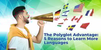 A smiling man holding a golden megaphone, projecting a variety of international flags, including the United States, Germany, France, and China, on a vibrant green and blue abstract background.