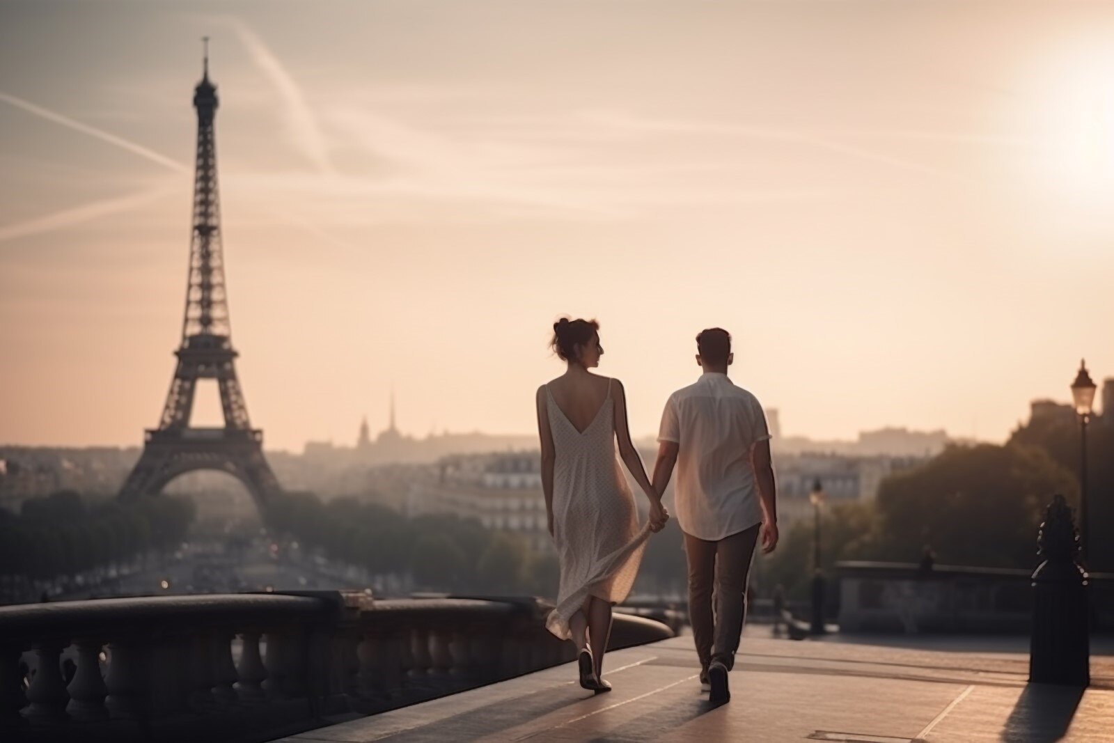 A person and person walking on a bridge with a tower in the background

Description automatically generated