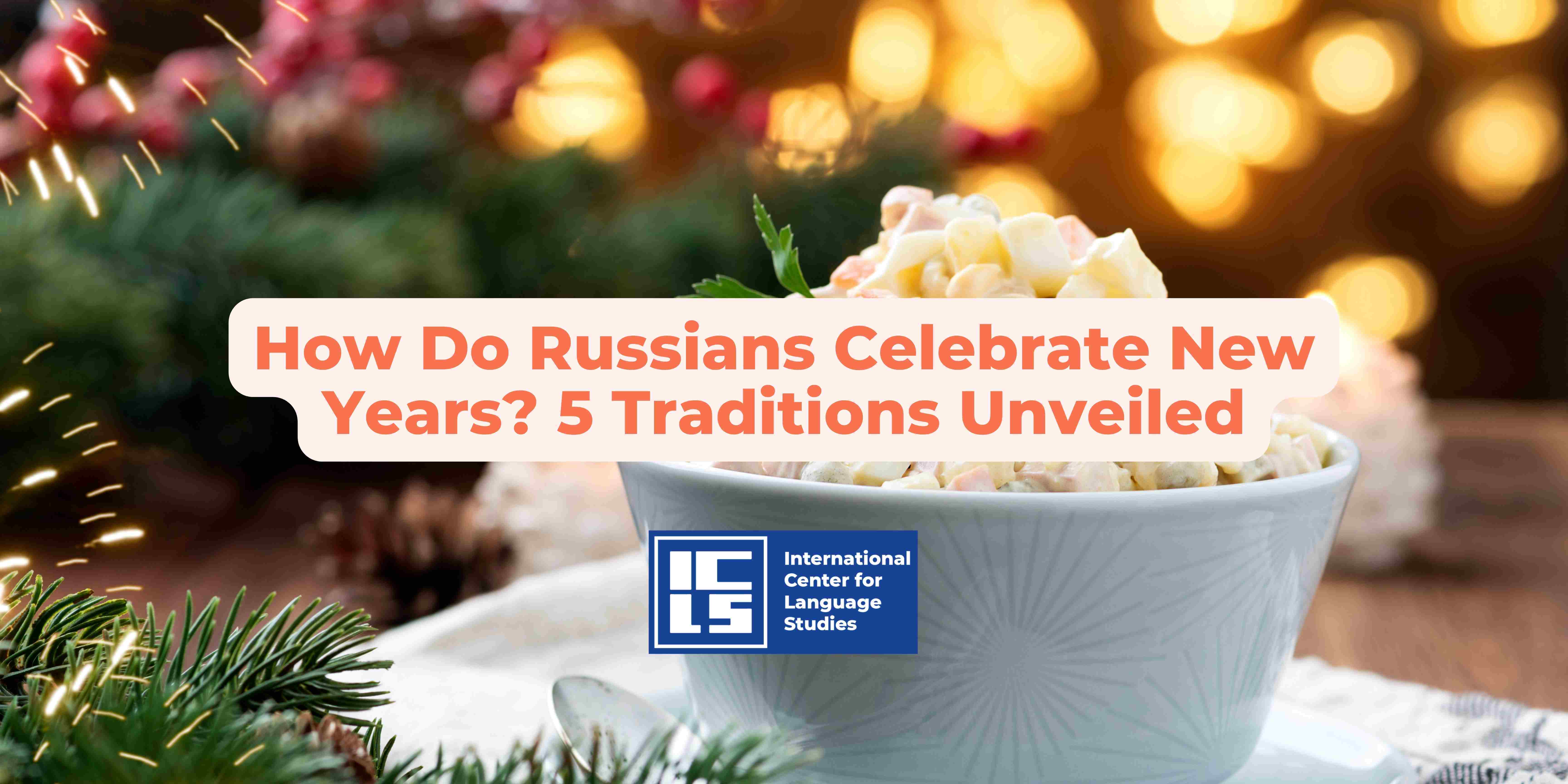 Russian New Year celebration with festive decorations and traditional foods